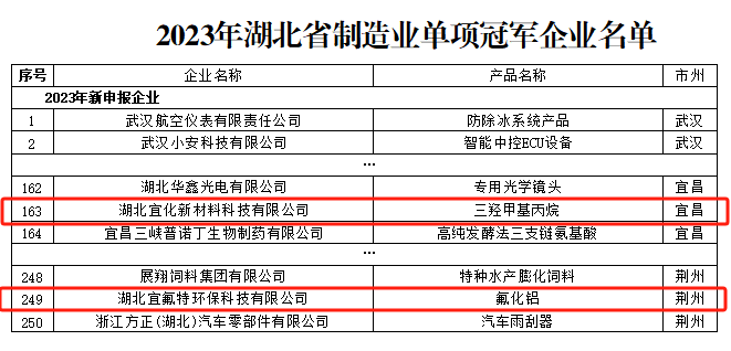 宜化新材料、宜氟特環(huán)保公司獲評2023年湖北省制造業(yè)單項冠軍企業(yè)(圖1)